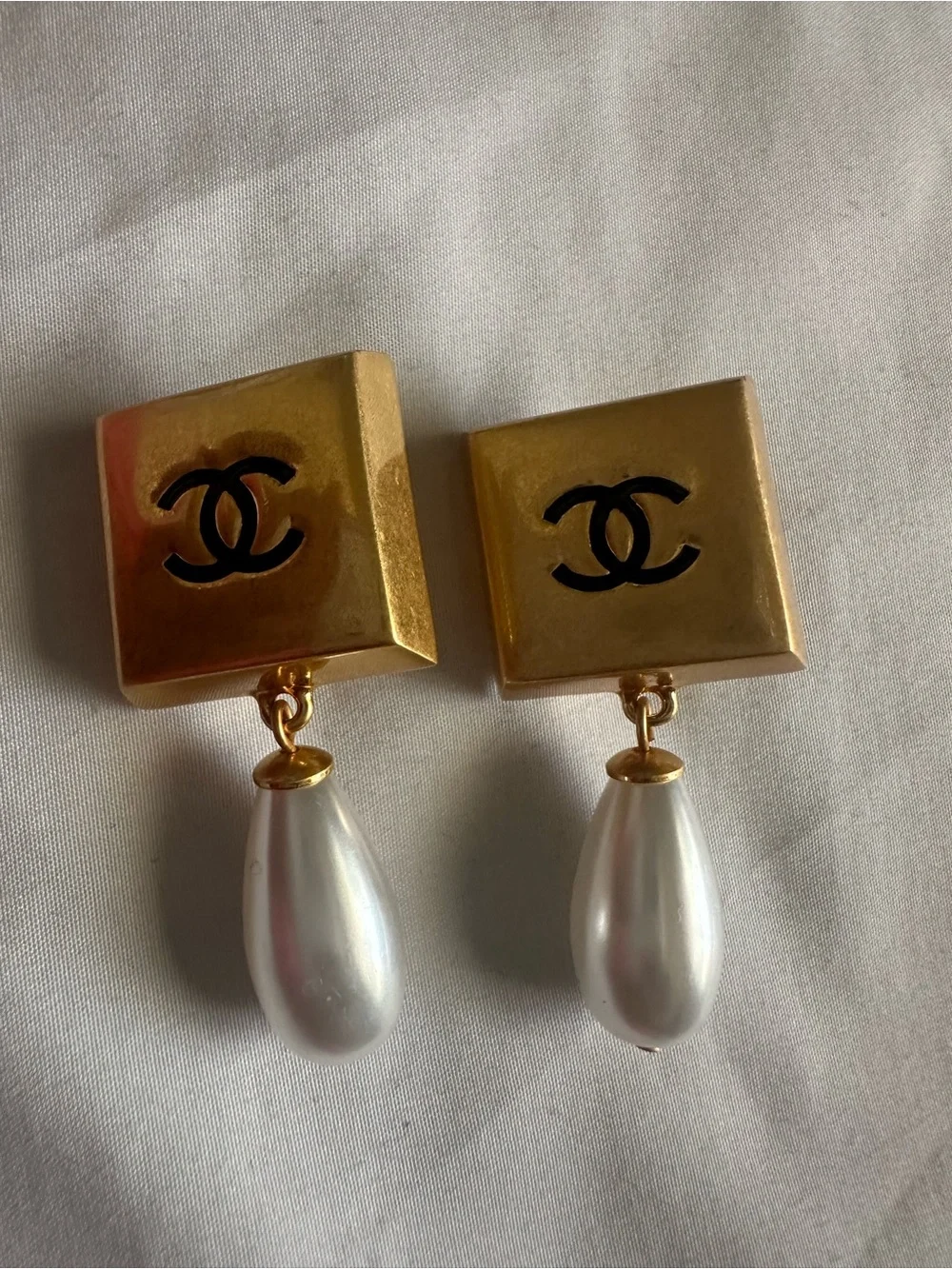 Chanel Vintage Rare Logo Square Block & Pearl Drop Earrings